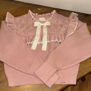 Pink Ruffled Crew Neck Sweater